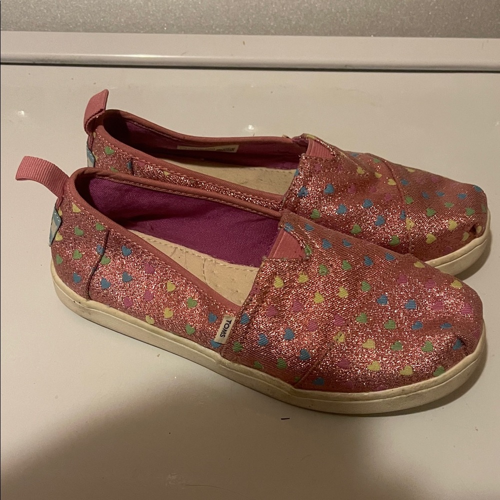 Toms Pink Glitter Slip-Ons with Heart Accents